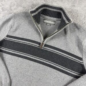 Eddie Bauer Sweater Mens Large Gray Stripe 1/4 Zip Mock Neck Cotton Pullover
